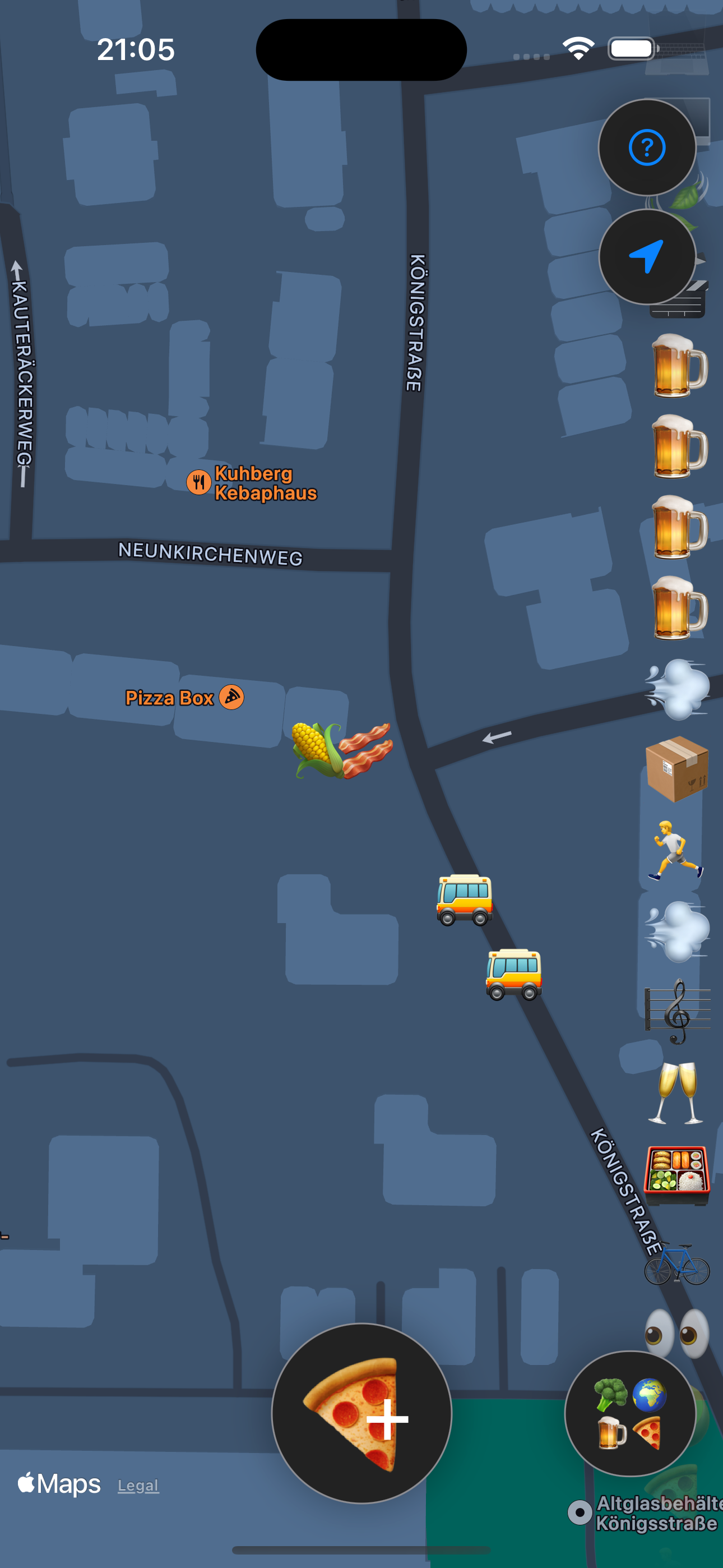 Street-level map view with emoji placement